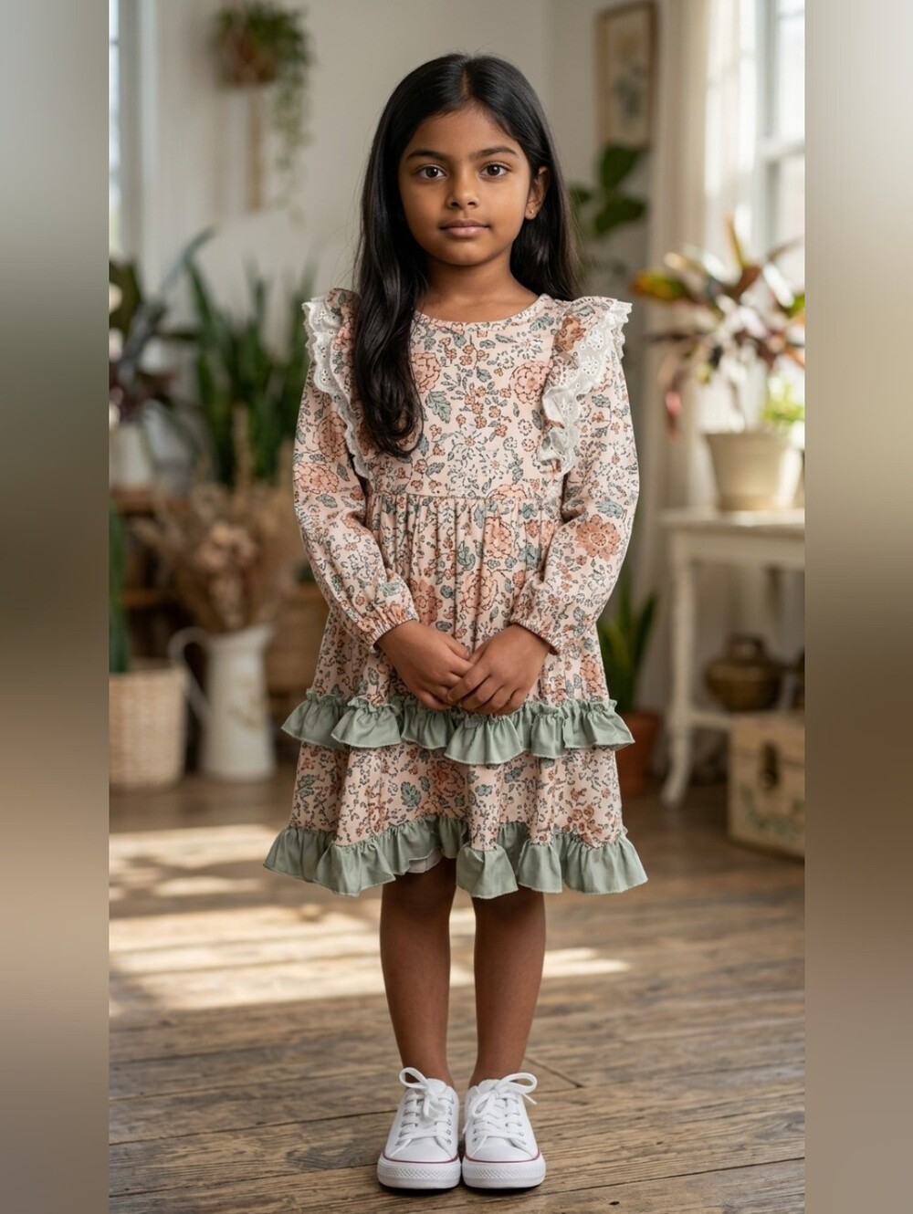 #1 Floral Ruffle Kids Dress - Green and Pink